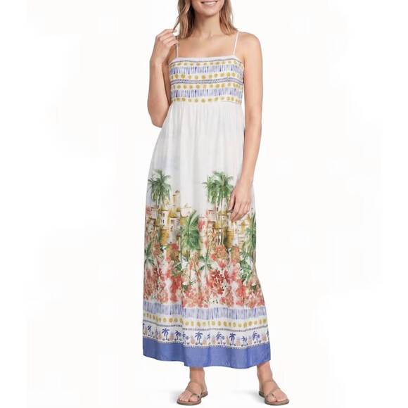 SKIES ARE BLUE Dresses & Skirts - NEW SKIES ARE BLUE tropical scenic print midi dress in blue multi